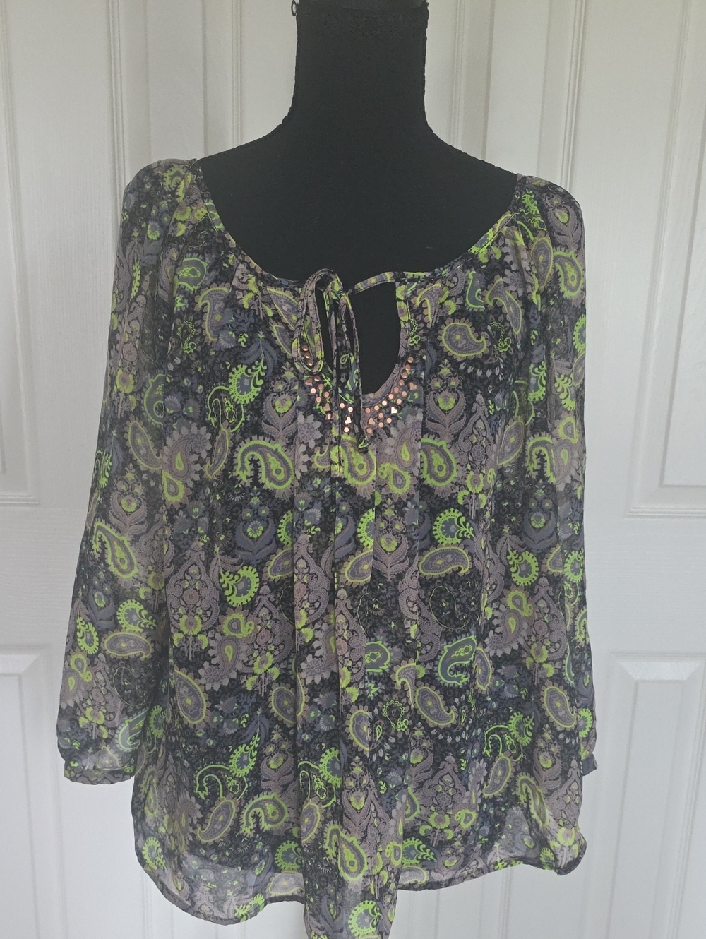 princess vera wang Black and Lime Paisley Sheer Tie-Neck Blouse